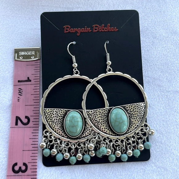 New boho silver tone ornate hook earrings chain feature faux turquoise - Picture 1 of 3